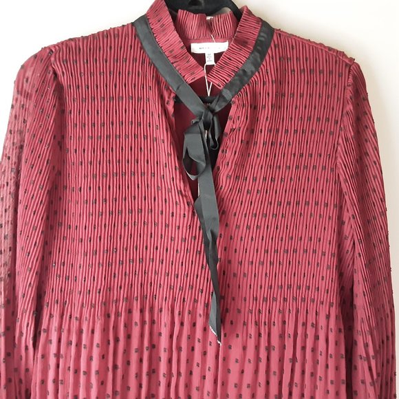 Max Studio Pleated Swiss Dot Burgundy Necktie Blouse, S - Picture 3 of 15